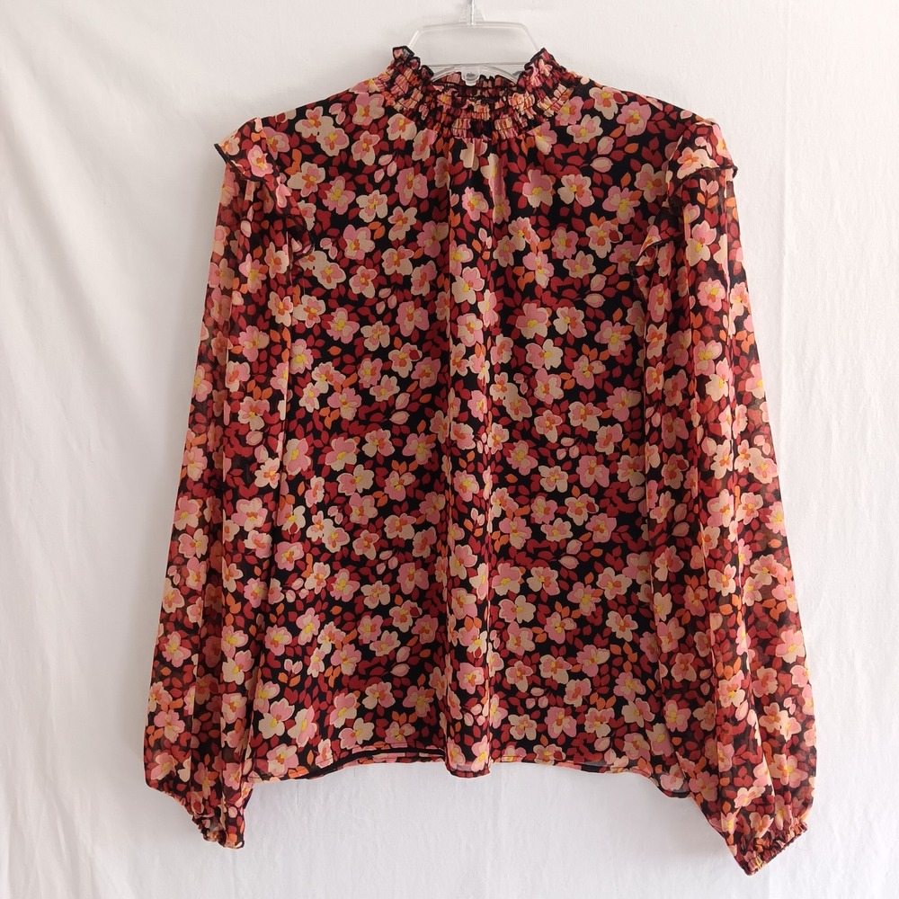 Sanctuary Blouse Womens Medium Pink Floral Excellent Smocked Mock Neck CB2159H29